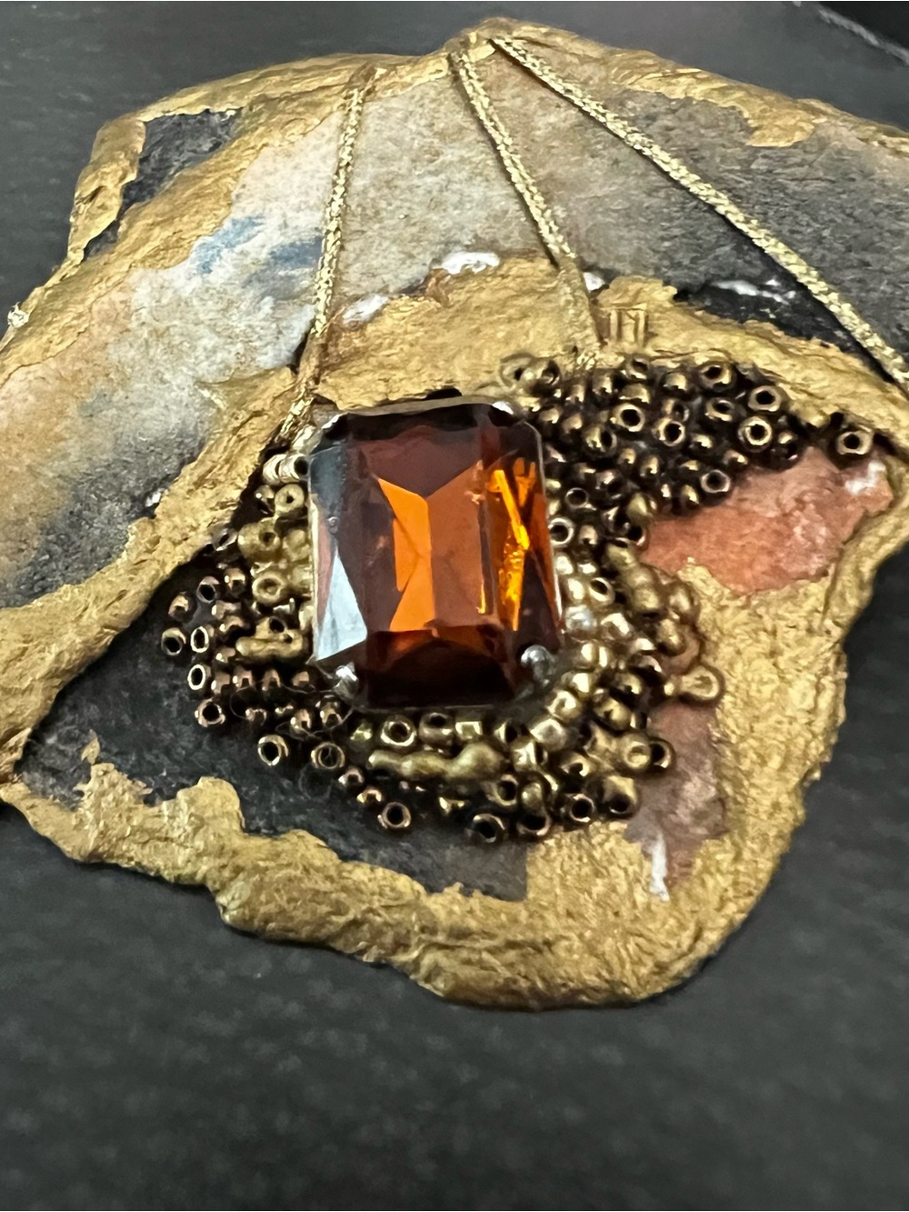 Elegant Amber Glass Pendant Necklace - Gold Tone